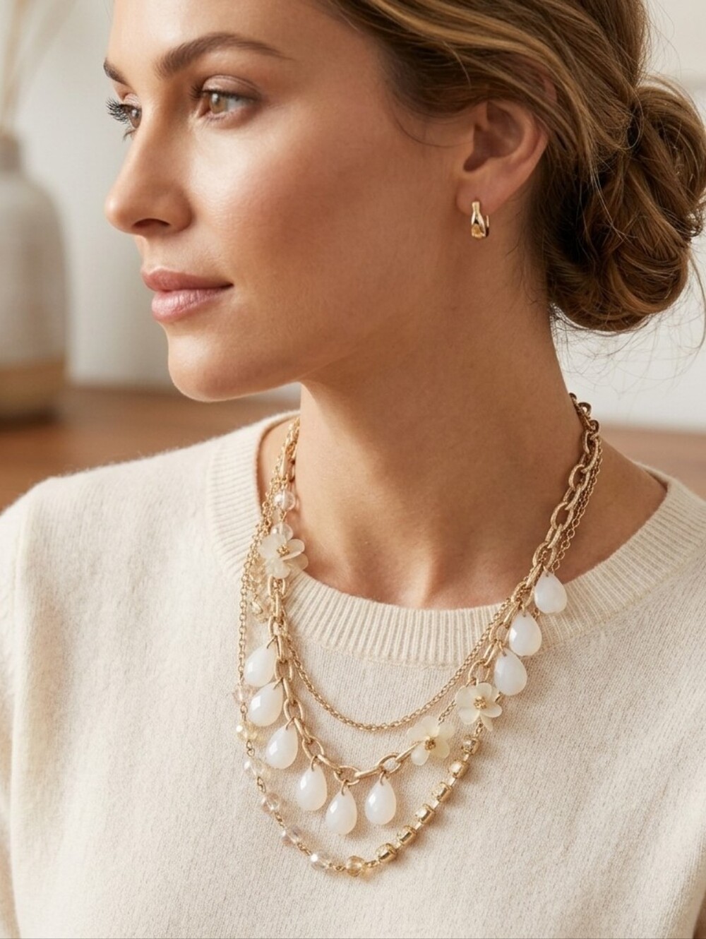 Ann Taylor Loft super long double gold chain crystal and flower necklace